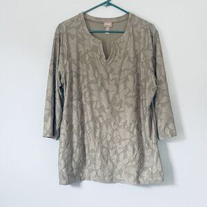 Chicos Top Size 2 (Large) Sage Green Floral V Neck Tunic Lagenlook